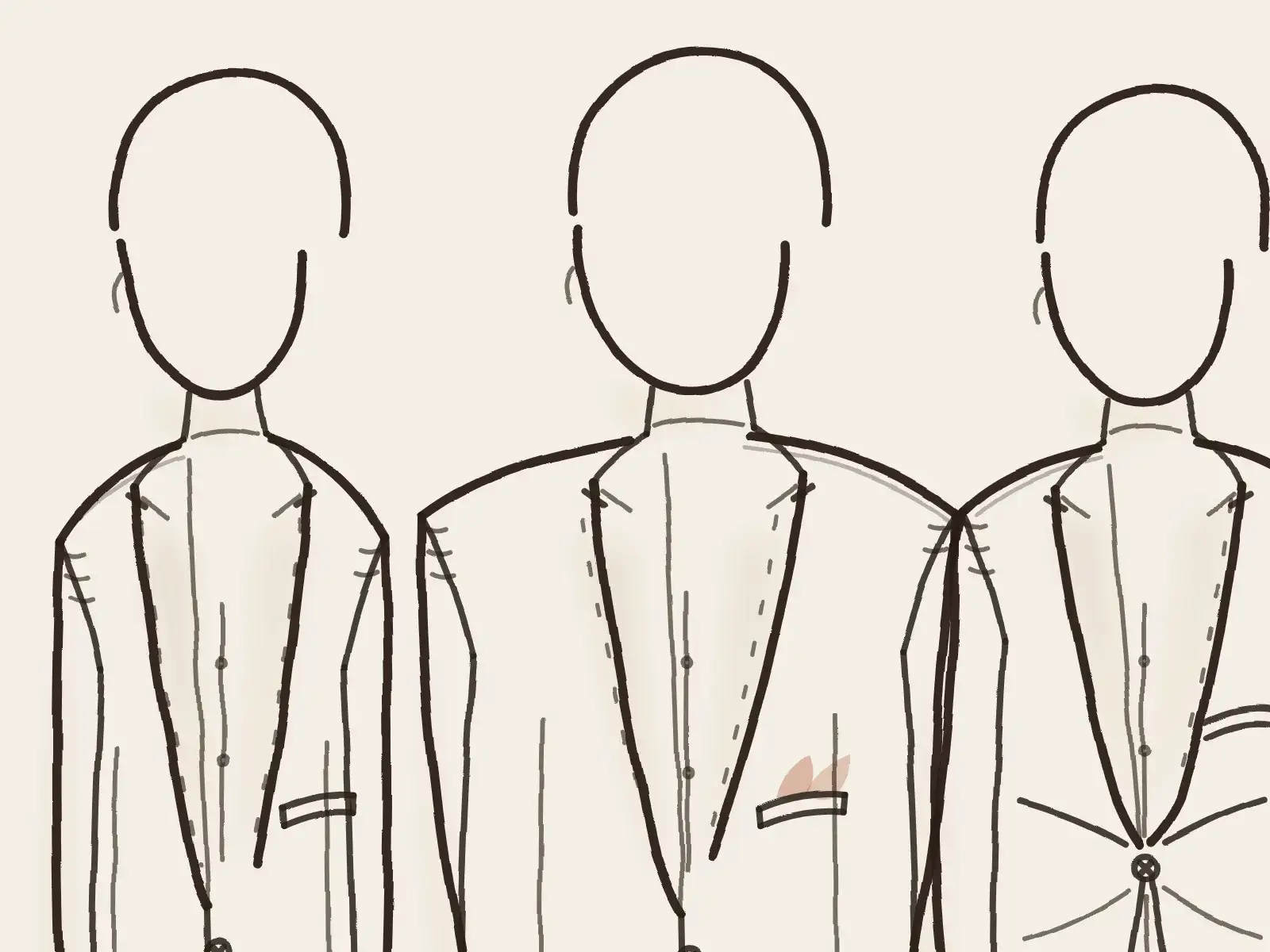 Trois silhouettes d'hommes en costume, morphologies différentes
