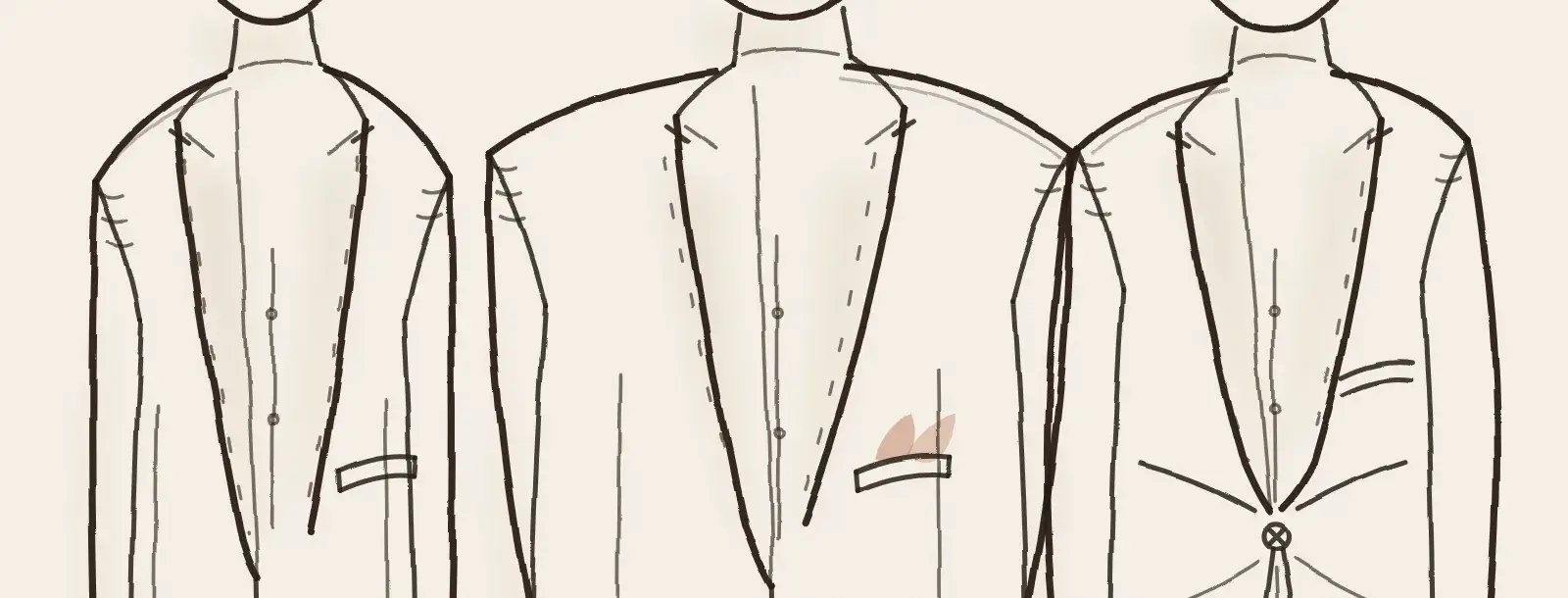 Trois silhouettes d'hommes en costume, morphologies différentes