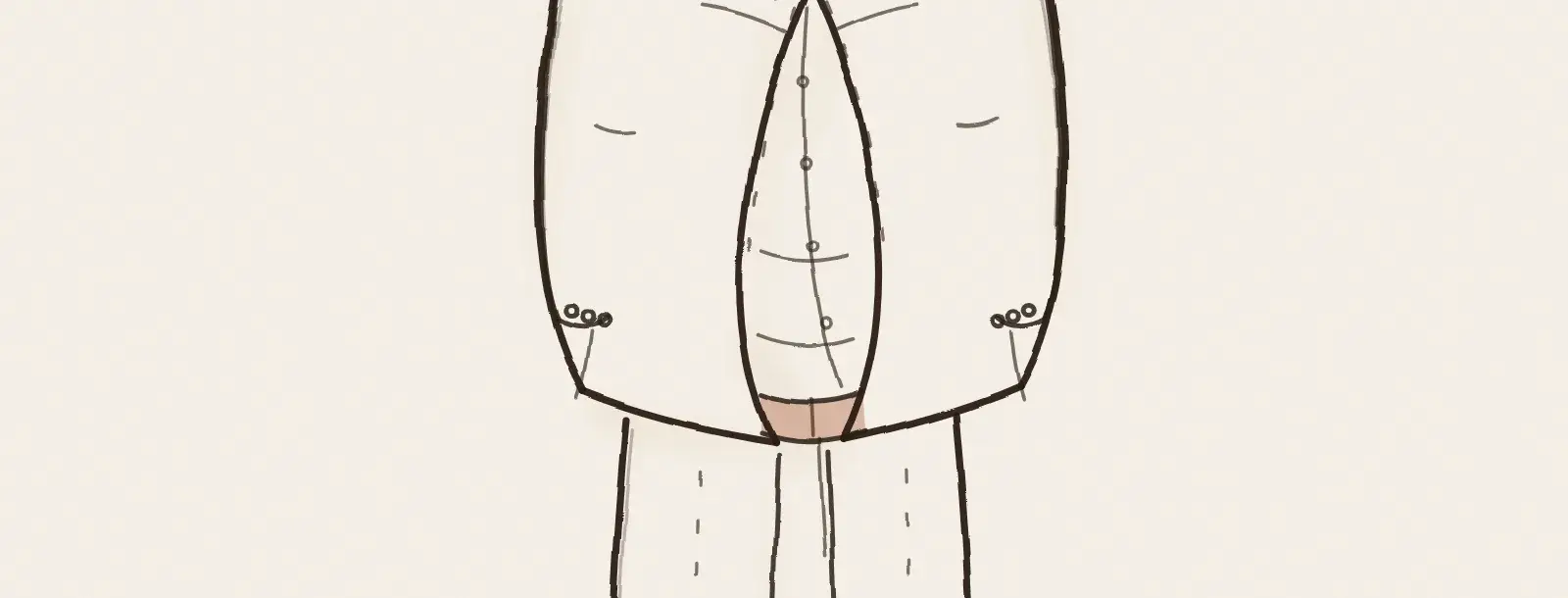 Homme de face, veste ouverte sur une chemise, ventre marqué
