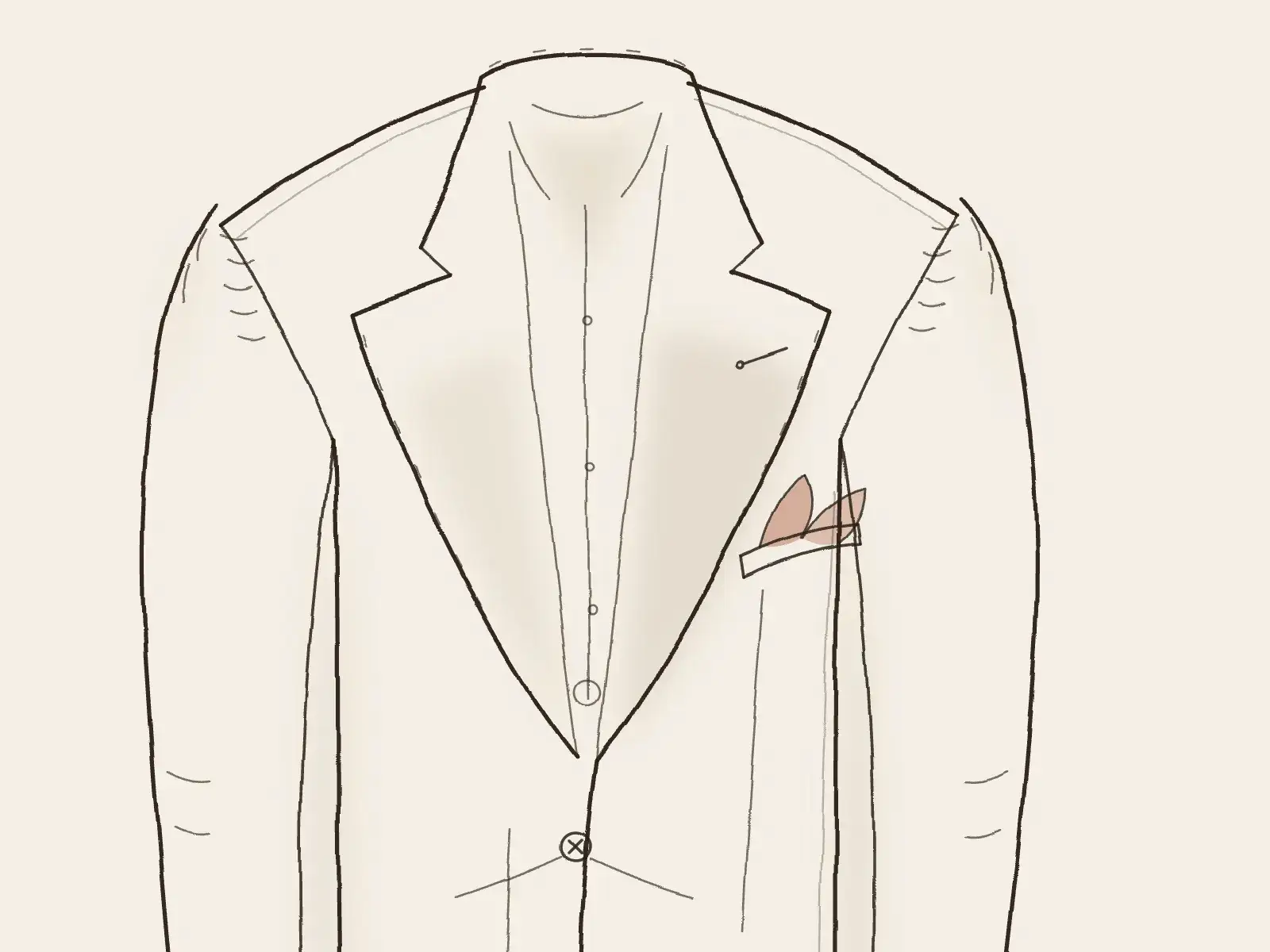 Veste napolitaine de face, fronces d'épaule et poche barchetta